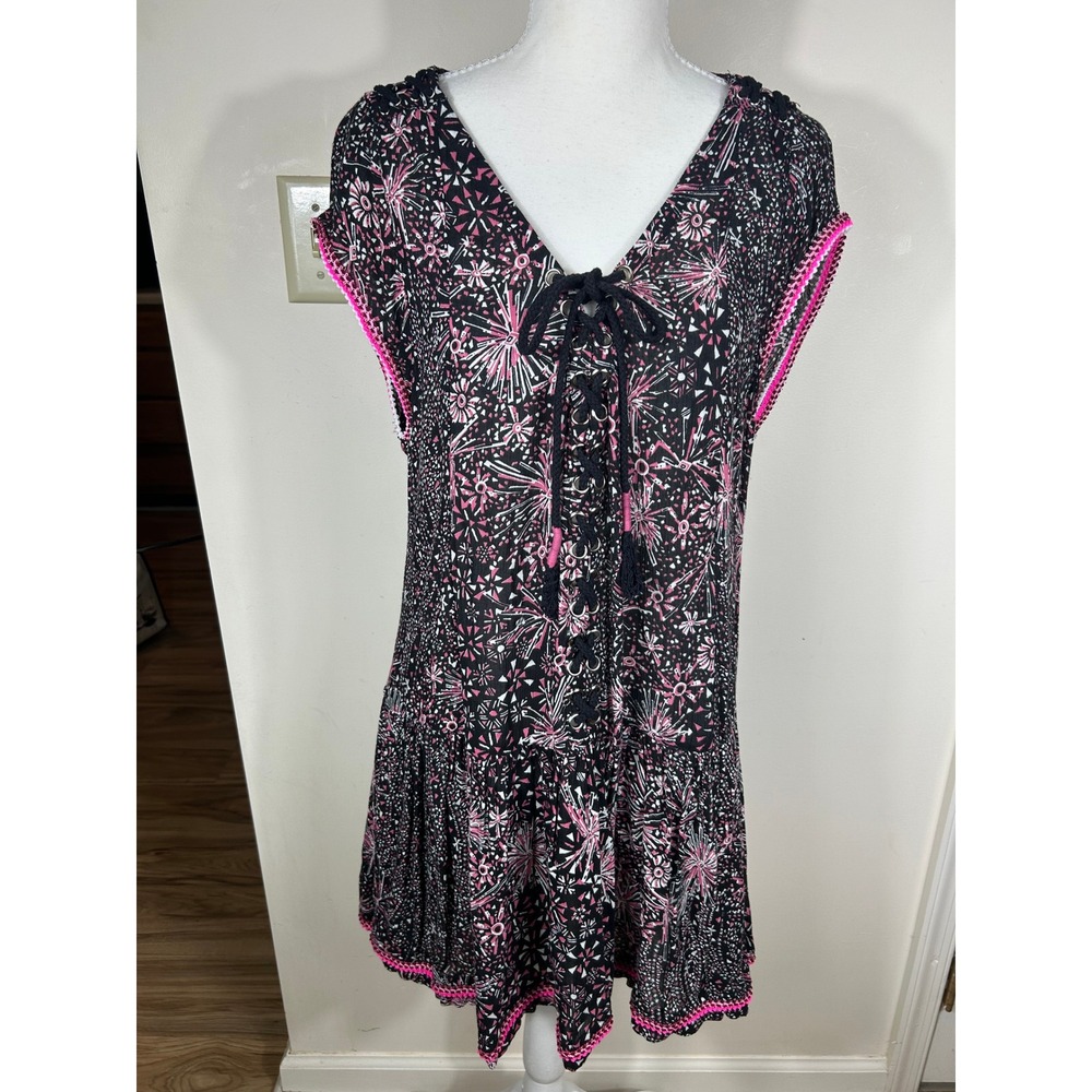 Poupette St Barth Mini Dress Sz M Black‎ Pink Firework Lace Up Resortwear BOHO